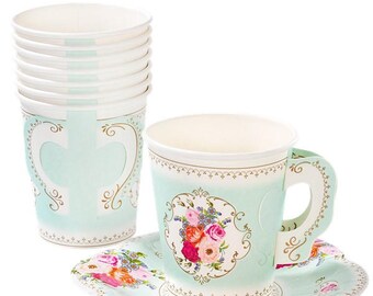 Vintage Paper Tea Party Paper Cups and Saucers, Vintage Tea Party, Baby Shower, Vintage Hen Party, Paper Cups, Vintage Wedding, Bachelorette