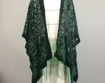 Dark Green floral burnout velvet fringe tassel handmade kimono jacket One SIze fits all