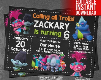 Trolls Invitation Instant Download, Trolls Birthday Invitation, Trolls Invites, Trolls Movie Invitation, Trolls Thank You Tags, Editable PDF