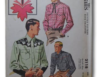 1956 McCall's Original Men's Western Shirt Vintage ORIGINAL Sewing Pattern #2118, Size Large, Uncut w/Transfer
