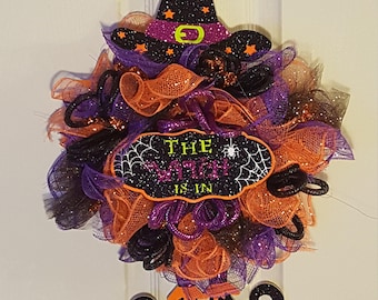 Witch Mini Deco Mesh Wreath, Halloween Wreath, Fall Wreath,