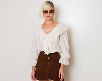Suede High Waist Snap Front Skirt 70s