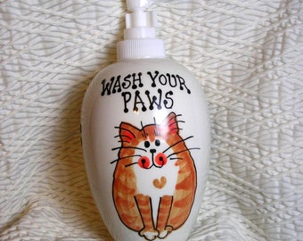 Smiling Orange Cat Soap Dispenser Wash Your Paws Handmade Ceramic by Grace M Smith