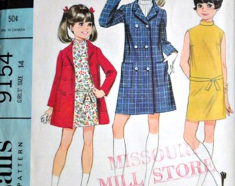 Vintage 60's McCall's 9154 Sewing Pattern, Girls' Ensemble, Dress and Coat, Size 14, Breast 32, Retro Mod 1960's Girl's Fashion