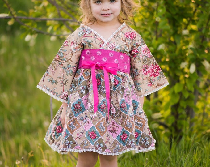Pretty Pink Little Girls Dress - Toddlers Clothes - Teens - Preteens - Long Sleeves - Lace - Kimono Style - Handmade - 12 mos to 14 yrs