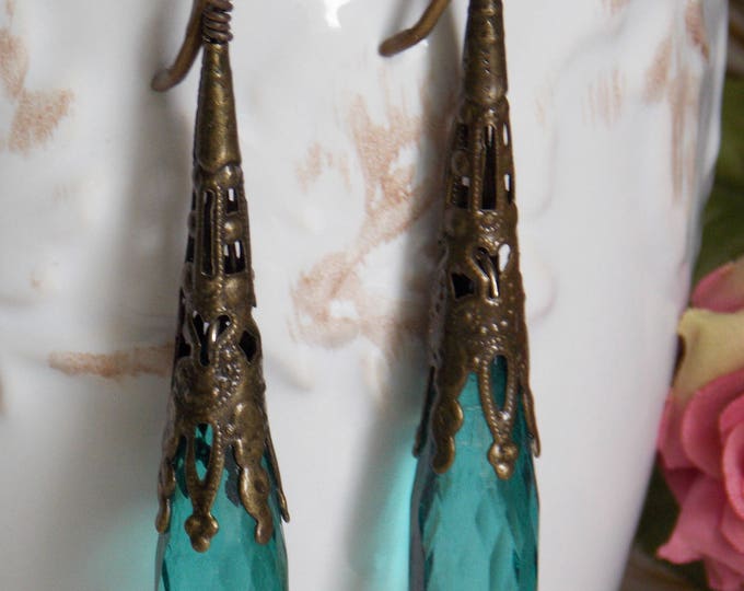 Long Filigree Earrings Vintage Teal Lucite Crystals Wrapped Antiqued Brass Victorian Vintage Boho Blue Earrings