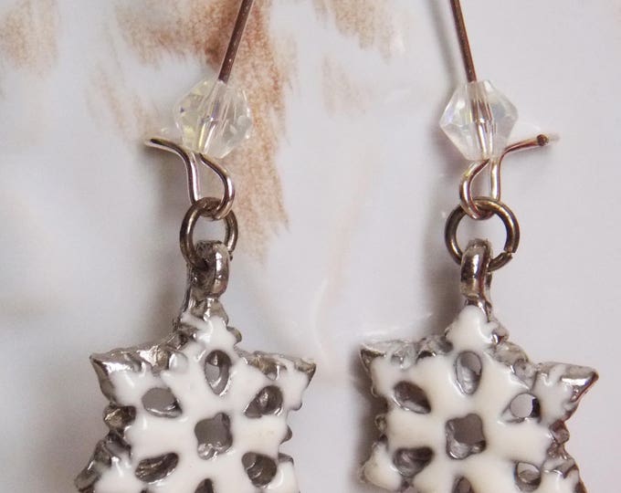 Snowflake Earrings, Holiday Jewelry, Christmas Earrings, Winter Jewelry, Glass White Enamel Earrings, Festive Jewelry