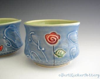 Yunomi Tea Bowl in Blue and Lime with Red Rose - Pottery Tea Bowl - by DirtKicker Pottery