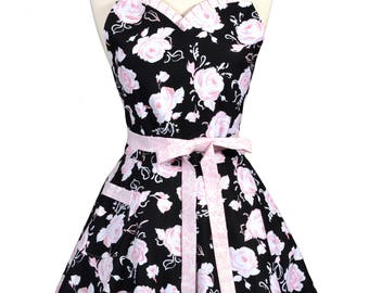 Sweetheart Pinup Apron - Black and Baby Pink Rose Floral Retro Womans Vintage Inspired Flirty Kitchen Apron (DP)