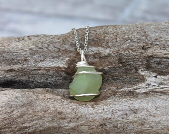 Raw Prehnite Necklace - Natural Gemstone Jewelry - Green Prehnite Jewelry - Wire Wrapped Stone Necklace - Gypsy Necklace - Wiccan Jewelry