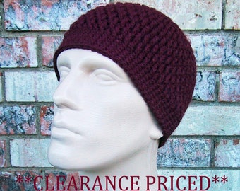 CLEARANCE PRICED 60% OFF - Maroon Beanie - Mens Hat Size Medium - Hand Crocheted - Soft Acrylic Yarn - Warm Winter - Ready to Ship