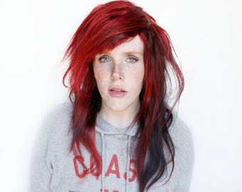 SALE Red wig | Human Hair wig, Indian Remy Human Hair Glueless Full Lace wig | Long Scene Emo Red Black wig | Venom