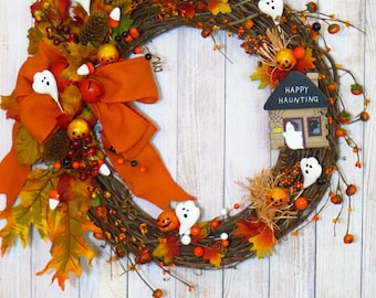 Halloween Wreath, Rustic Halloween Wreath, Halloween Decor, Halloween Grapevine, Happy Haunting, Halloween Ghosts, Fall Wreath