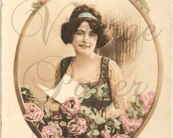 Antique French Postcard Photo Pretty Young Woman in Shabby Chic Rose Trimmed Frame Oval RPPC Post Card from Vintage Paper Attic