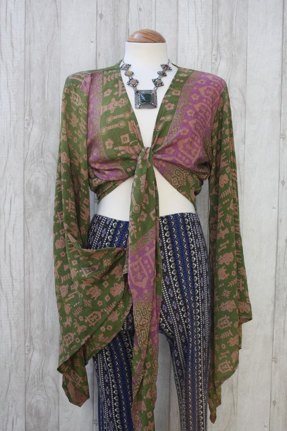 INDIAN SILK TOP - Bell sleeve crop top- Silk Tie Top- Vintage- Festival Top- Hippie- Retro- 70s- Crop Top- 100% Silk- Couture