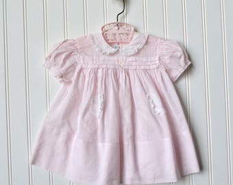 Vintage Baby Girl Clothes, 60's Dress, Feltman Brothers, Pale Pink Cotton, Size 3-6 months, Hand Embroidered Philippines, White French Lace