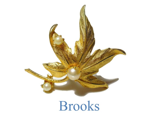 FREE SHIPPING Brooks leaf brooch, three pearl design, brushed gold leaves with and satin gloss pin