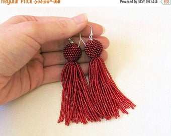 15% SALE Shiny Red Beaded tassel earrings - Statement Earrings - Dangle glitter red earrings - Long tassel earrings - Fringe earrings - bead