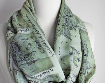 Lord of the Rings Map Scarf Infinity Scarf Gray and Green Book Scarf Geek Gift For Her Wife Fall Winter Fashion Accessories Elvish Script