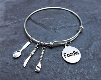 Foodie Gift - Spoon, Knife, Fork Charms, Foodie Jewelry - Charm Bracelet - Expandable Charm Bangle - Gift for Chef - Culinary - Food Lover