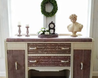 Antique Art Deco Waterfall Buffet Sideboard with French Script ~ Shabby Cottage Chic Style