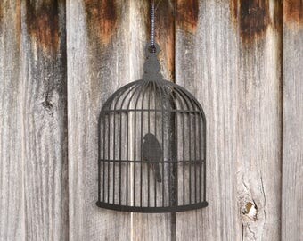 Black Wooden Laser Cut Out Hanging Birdcage