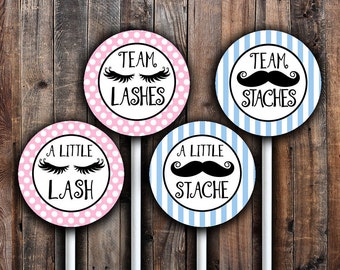 Staches or lashes cupcake toppers printable.  Pink and Blue.  Instant download.