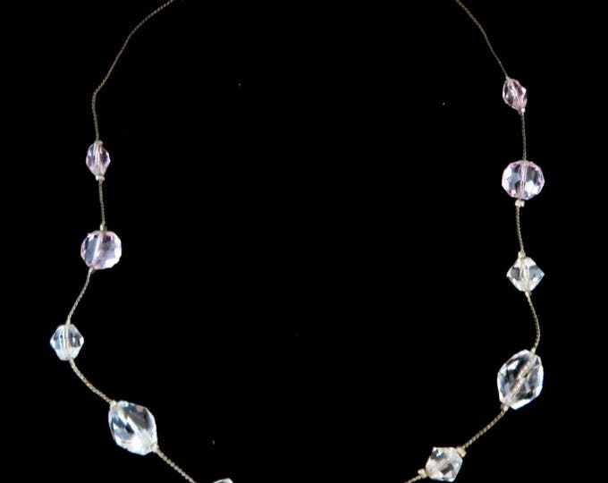 Crystal Bead Necklace, Vintage Floating Crystal Necklace, Silvertone Necklace, Faceted Beaded Choker