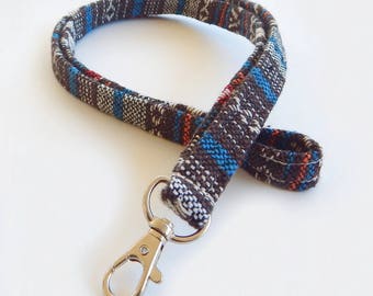 Woven Lanyard / Boho Keychain / Ethnic Lanyard / Bohemian / Key Lanyard / Turquoise / Woven Stripe Fabric / ID Badge Holder