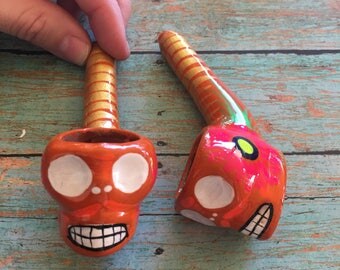 Orange Skull Pipe (Girly Pipe Day of Dead Mexican Ceramic Glass Smoking Pipe Tobacco Pipe Girls Sugar Skull Pipe Hand Painted Unique Pipe)
