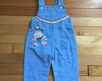 Vintage 1970s Baby Infant Girls Blue Corduroy Clown Overalls! Size 6-12 months