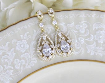 Gold bridal earrings, Art Deco Wedding earrings, Chandelier wedding jewelry, Crystal earrings, Chandelier earrings, Gold vintage earrings
