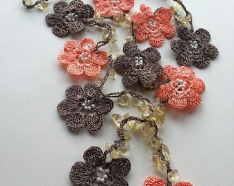 Salmon / Nude, Brown Handmade - Flowered Long Necklace - Crochet Beaded Necklace w/ Natural Stone - Gifts For Her