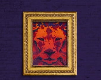 50%OFF Deep Red Lion, Colorful Wall Art, Stencil Safari Animals, Artwork, Painting, Red, Yellow, Black, Purple, Orange, Spray Paint Canvas B