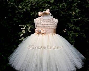 Champagne Flower Girl Dress, Cream champagne christening dress, champagne cream baptism dress, cream first communion dress, champagne dress