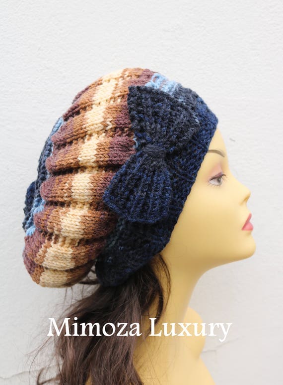 Navy Blue/Brown Woman Hand Knitted Hat with Bow, navy blue Beret hat with bow, blue knit hat, slouchy knit women's hat with bow, blue winter