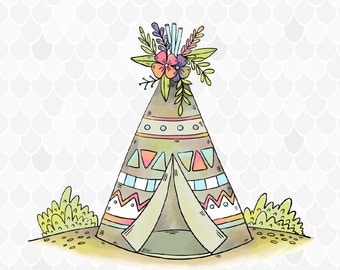 Boho Clip art, Teepee Clipart, Watercolor Tipi, Tipi Clipart, Tribal Clipart, Digital Clipart, Tribal Clip Art, Teepee Clip-art, Bohemain
