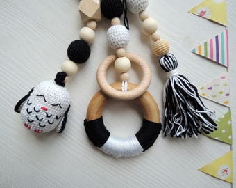 Set of 3 Wooden Baby gym toys Baby shower gift girl boy Natural baby toy Monochrome Baby mobile Infant montessori toys Organic teething toy
