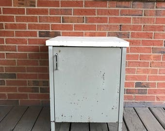 Vintage Storage Steel Metal Cabinet Industrial Gray and White Two Shelves Industrial Decor