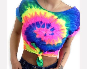 Tie Dye Shirt • Festival Tops • Summer Festival Clothing • Tie Dye Crop Top • Festival Tie Dyed Shirt « cd100neonrainbow «« (ots, td tee) «