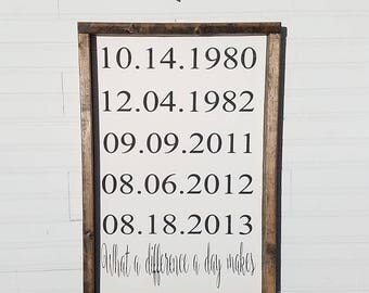 Special dates framed wood sign-what a difference a day makes-customized dates-wedding day-kids birthday-family dates sign-gallery wall decor
