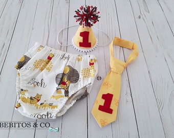 Winnie The Pooh 1st Birthday, Winnie The Pooh Cake Smash Outfit, Pooh Diaper Cover Hat and Necktie Set, Pooh Photo Prop, Pooh Birthday Set