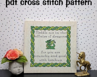 Cute Dragon Cross Stitch Pattern, Funny Quote Embroidery, Green Braided Border - PDF, Instant Download
