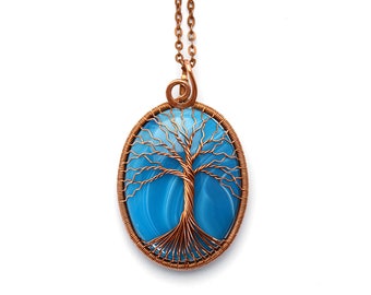 Tree-Of-Life Necklace Pendant Tree-Of-Life Jewelry Copper Pendant Wire Tree-Of-Life Wire Wrapped Pendant Agate Pendant Blue Pendant