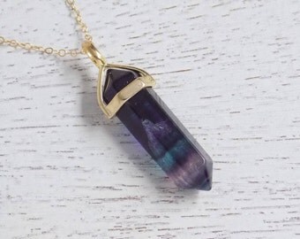 Flourite Necklace, Boho Necklace, Purple Green Crystal Point Necklace, Gypsy Necklace, Gold Layering Necklace, Christmas Gift For Her, H1-06