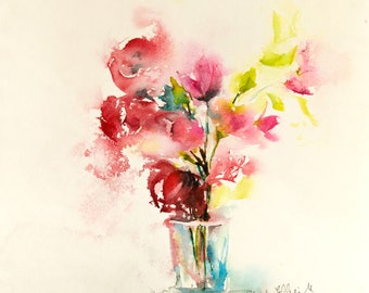 Original watercolour painting of a flower vase, floral art - modern art, abstract art - red and pink blooms