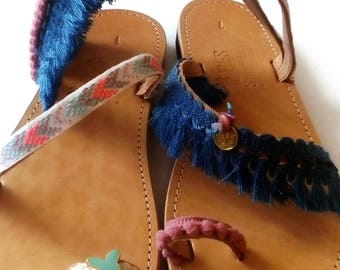 gladiator sandals, greek sandals, handmade leather shoes, boho style, pom pom sandals, sandals for women,slip on shoes,boho barefoot sandals