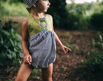 Olive Green Striped Romper, Boho Romper, Baby Shower, New Baby, Boho, Baby Girl Outfit, Jacquard Trim, Summer Outfit, Romper Snaps