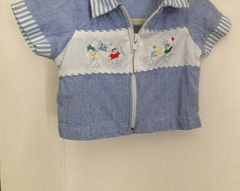 Baby Halloween Costume: 1950s Vintage Boy's Shirt with Embroidered Rabbits 3-6 mos