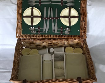 Vintage Picnic Basket - Service for 4 - Optima Wicker Suitcase Style - Made in England - FREE SHIPPING